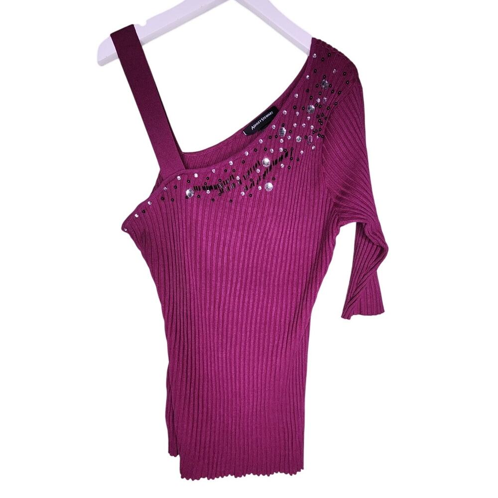 Ashley Stewart Magenta One-Shoulder Ribbed Sweater Beaded Embellished 14/16 Y2K